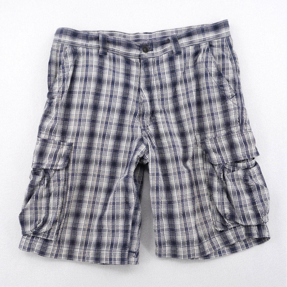 Reunion Plaid Cargo Shorts Men's 34 Blue White Cotton Y2K Utility
